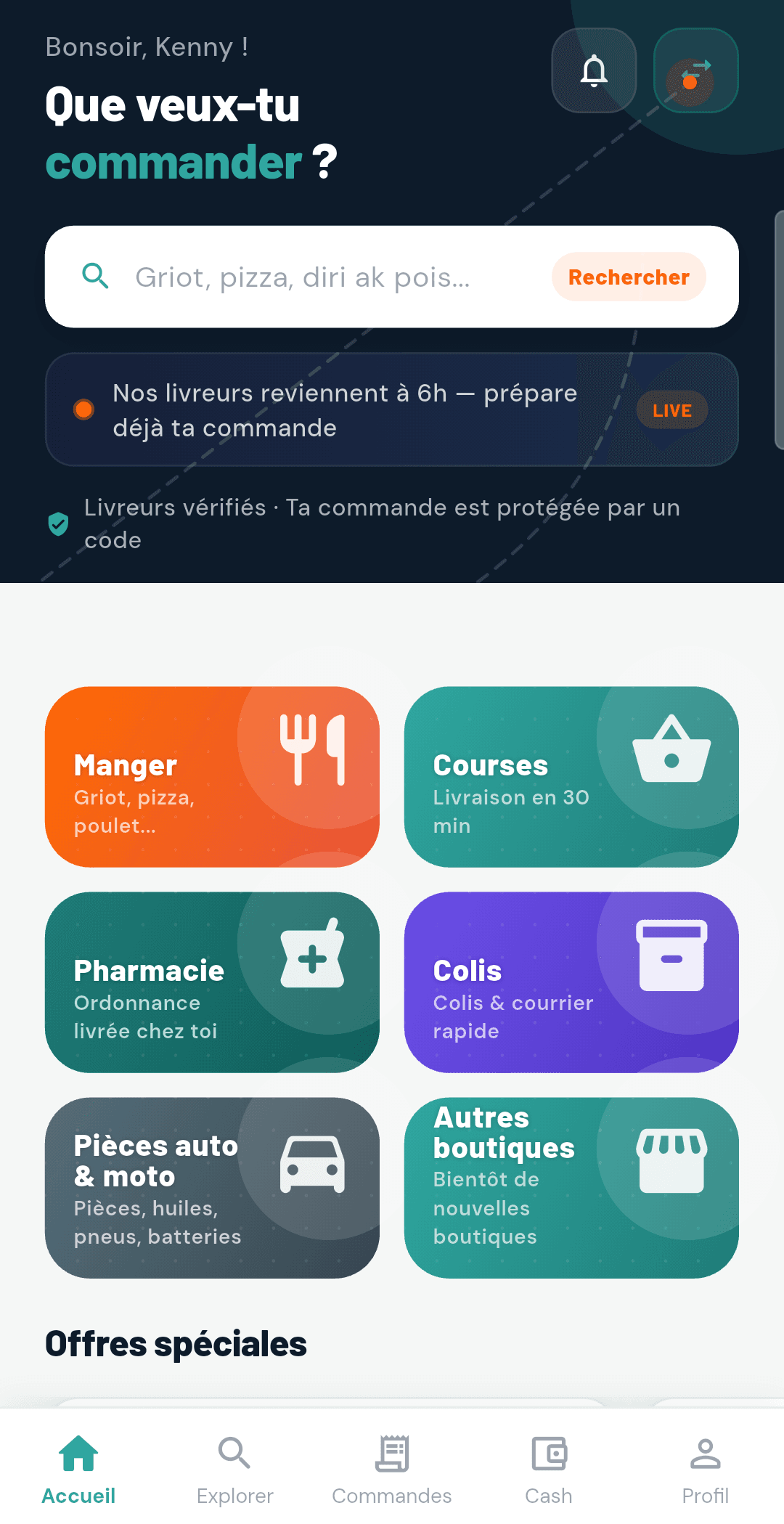 Écran d'accueil de MON COLIS avec les catégories repas, courses, pharmacie, colis, pièces auto et autres boutiques