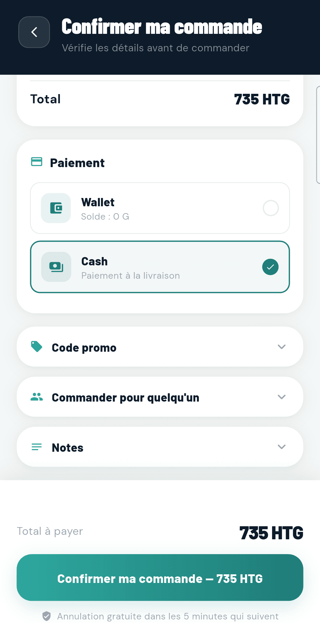 Écran de paiement MON COLIS : cash à la livraison ou wallet