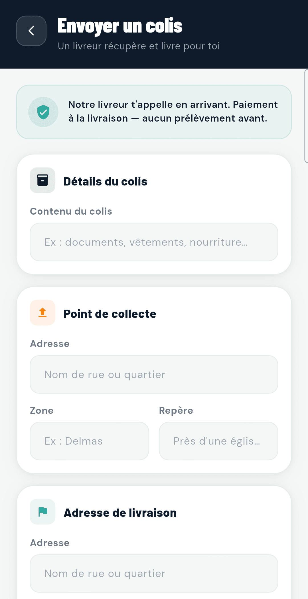 Écran d'envoi de colis de MON COLIS